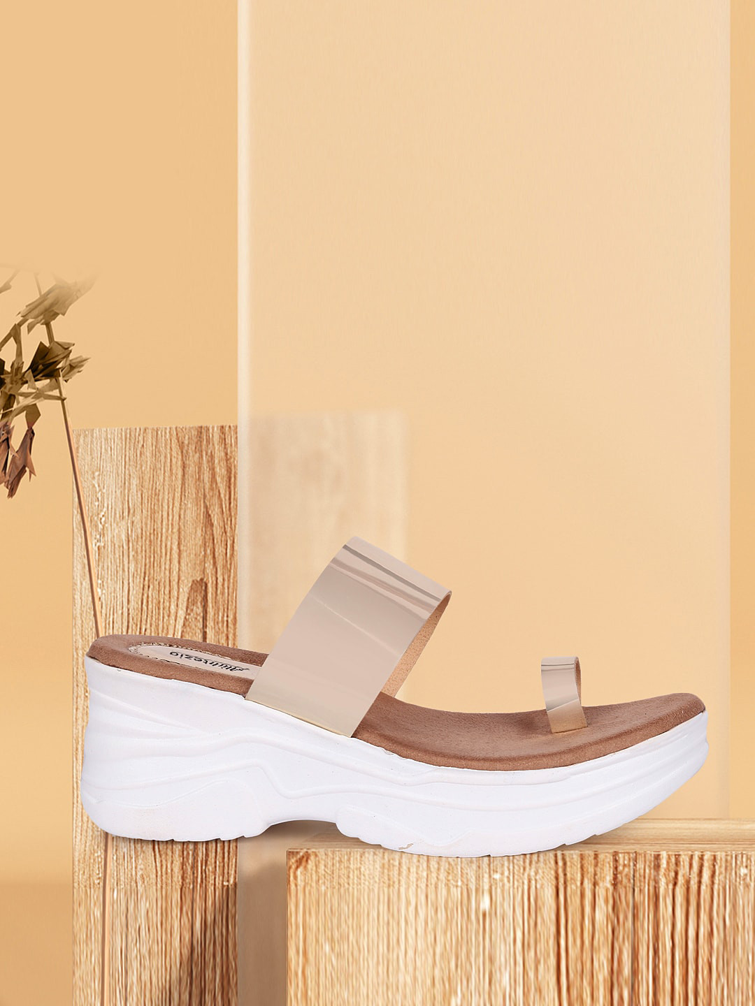 Buy Alishtezia Gold Toned Striped PU Party Wedge Sandals With Tassels