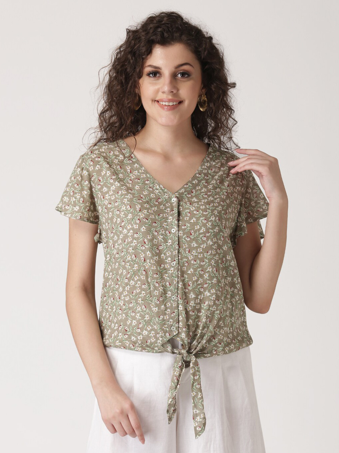 Vivo Malindi Flounce High Low Maxi Top - Green / Black Abstract Print