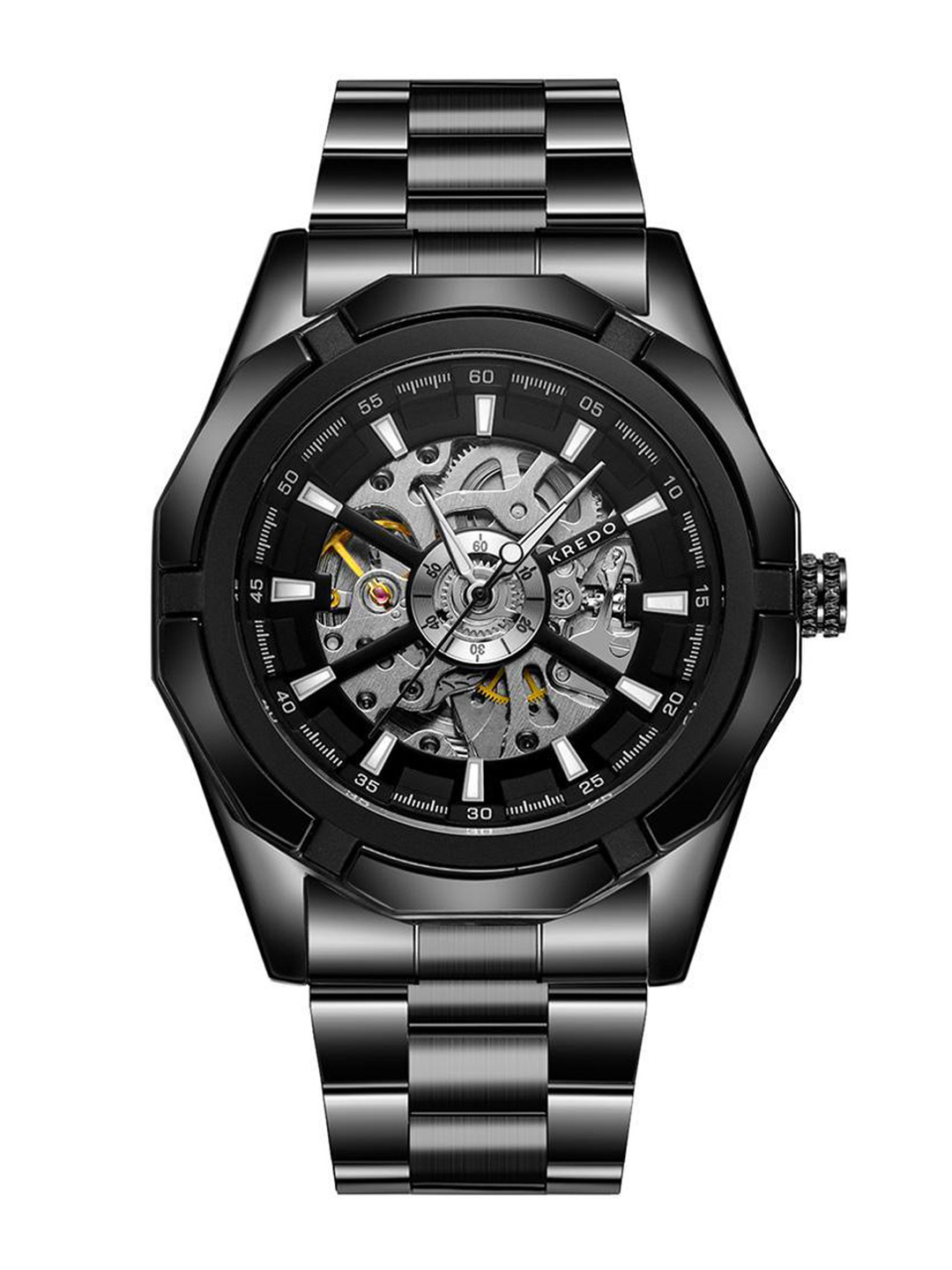 Buy KREDO Men Black Skeleton Dial & Strap Automatic Motion Powered