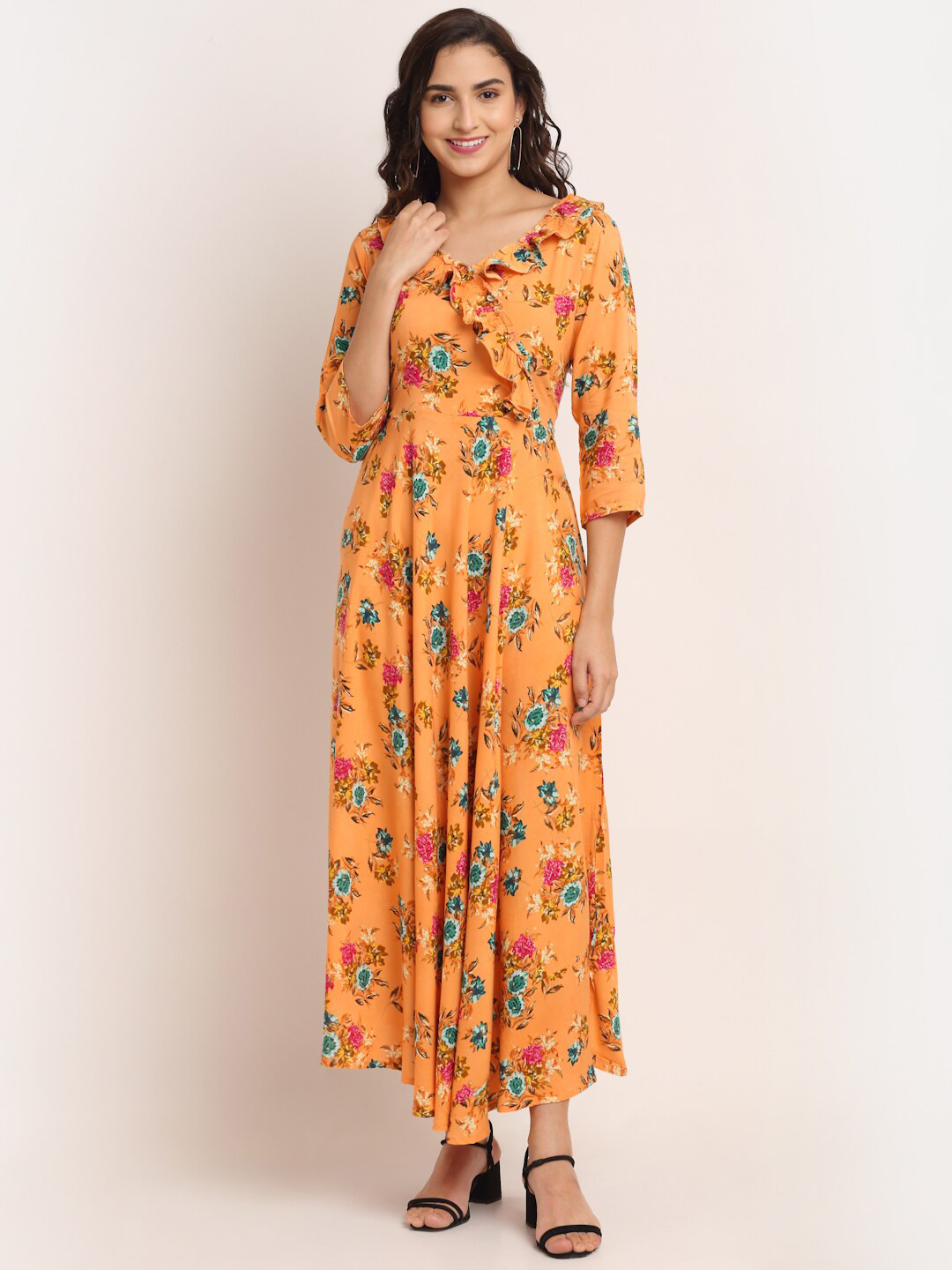 Aawari Cotton Smocked Dresses for women - Tropical Orange Printed Summer Wear / Maxi Dresses / Western Wear main image 0