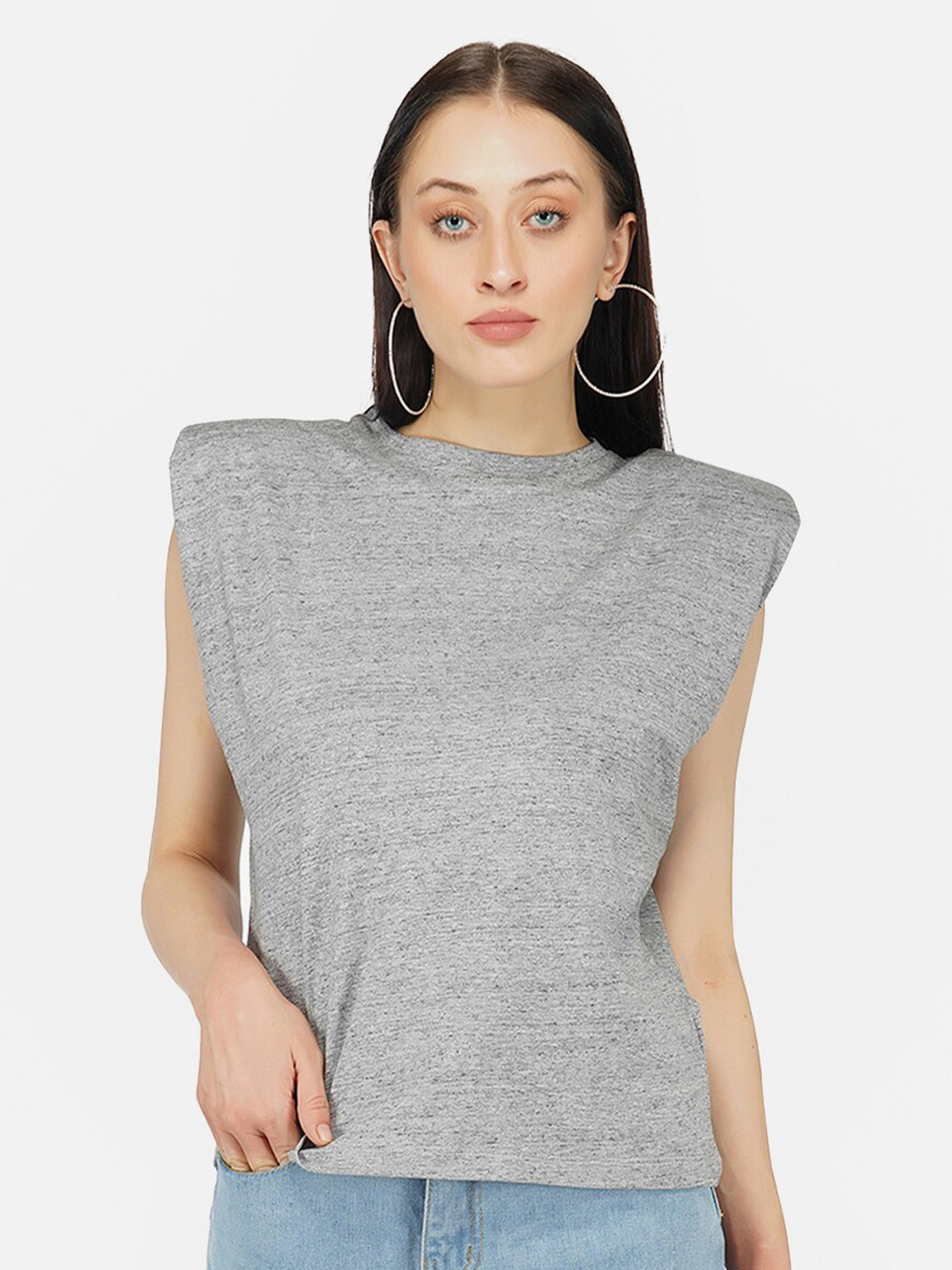 Buy KLAS NOBL Women Grey Melange Solid Round Neck Regular Fit Muscle T ...