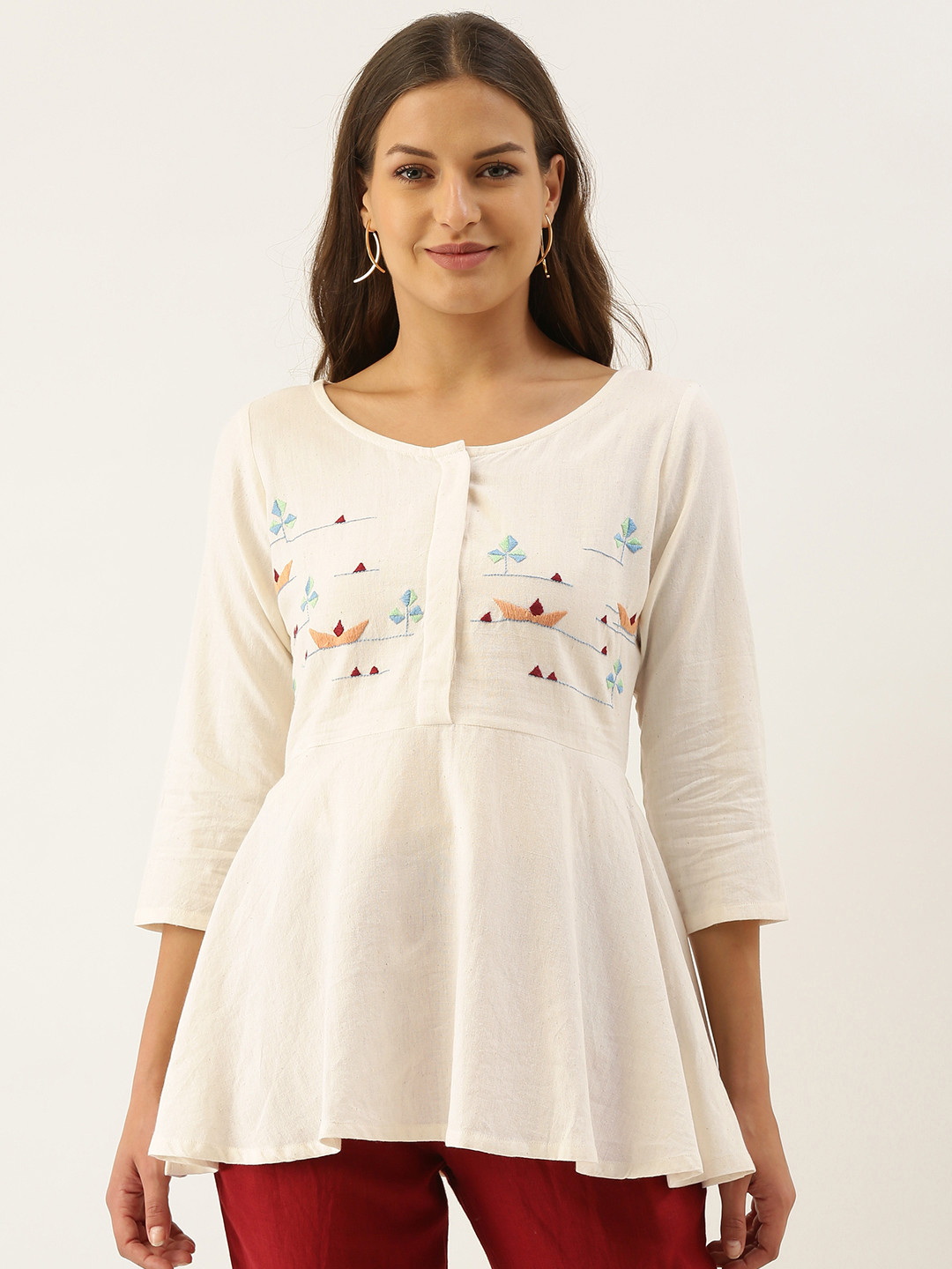 Buy OKHAI Off White Pure Cotton Embroidered Top Tops for Women