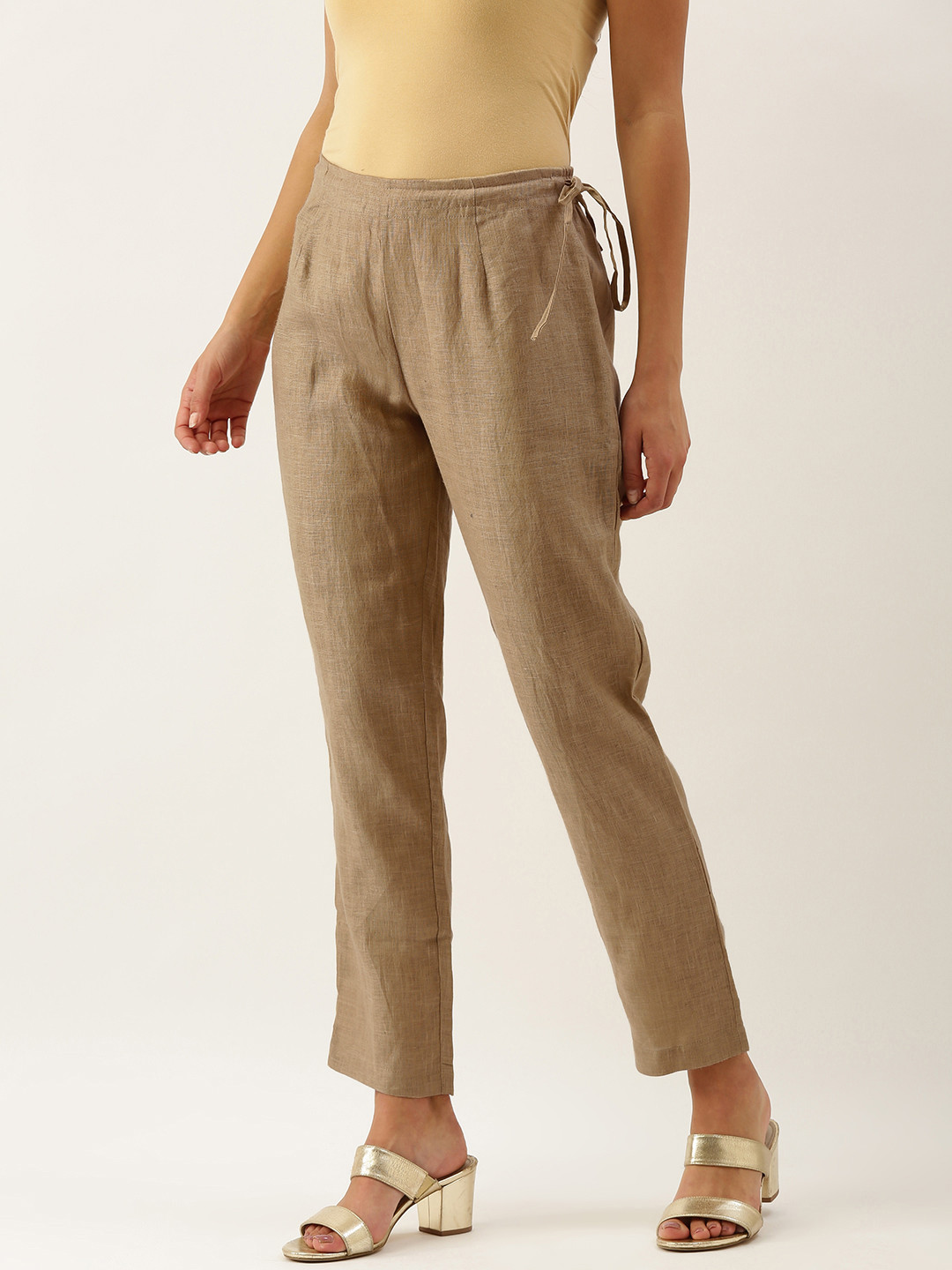 Buy OKHAI Women Beige Pure Linen Solid Cropped Trousers Trousers for