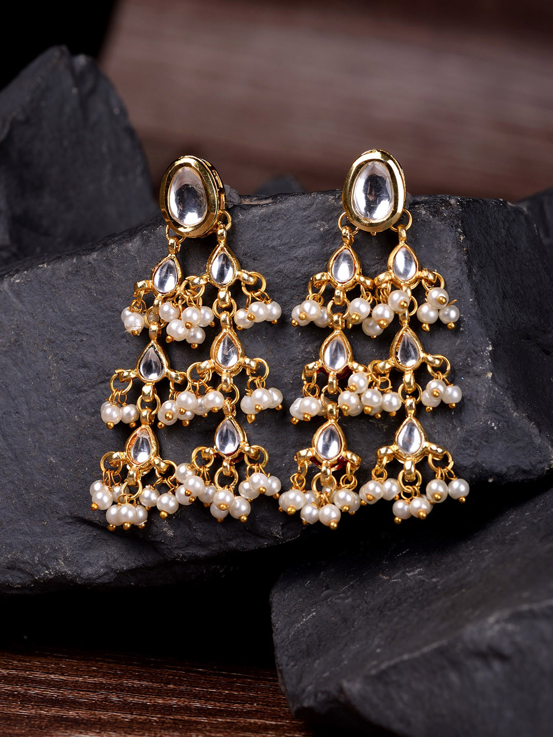 Buy Saraf RS Jewellery Gold Toned & White Teardrop Shaped Drop Earrings