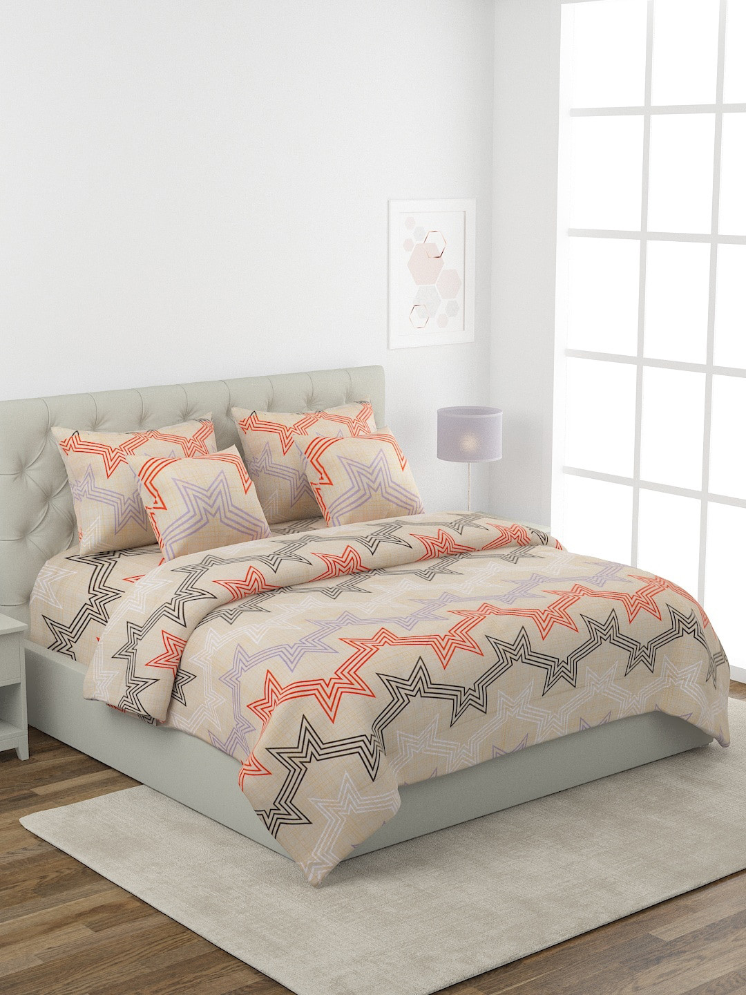 Buy ROMEE Beige & Black Quirky Printed Double King Bedding Set With AC