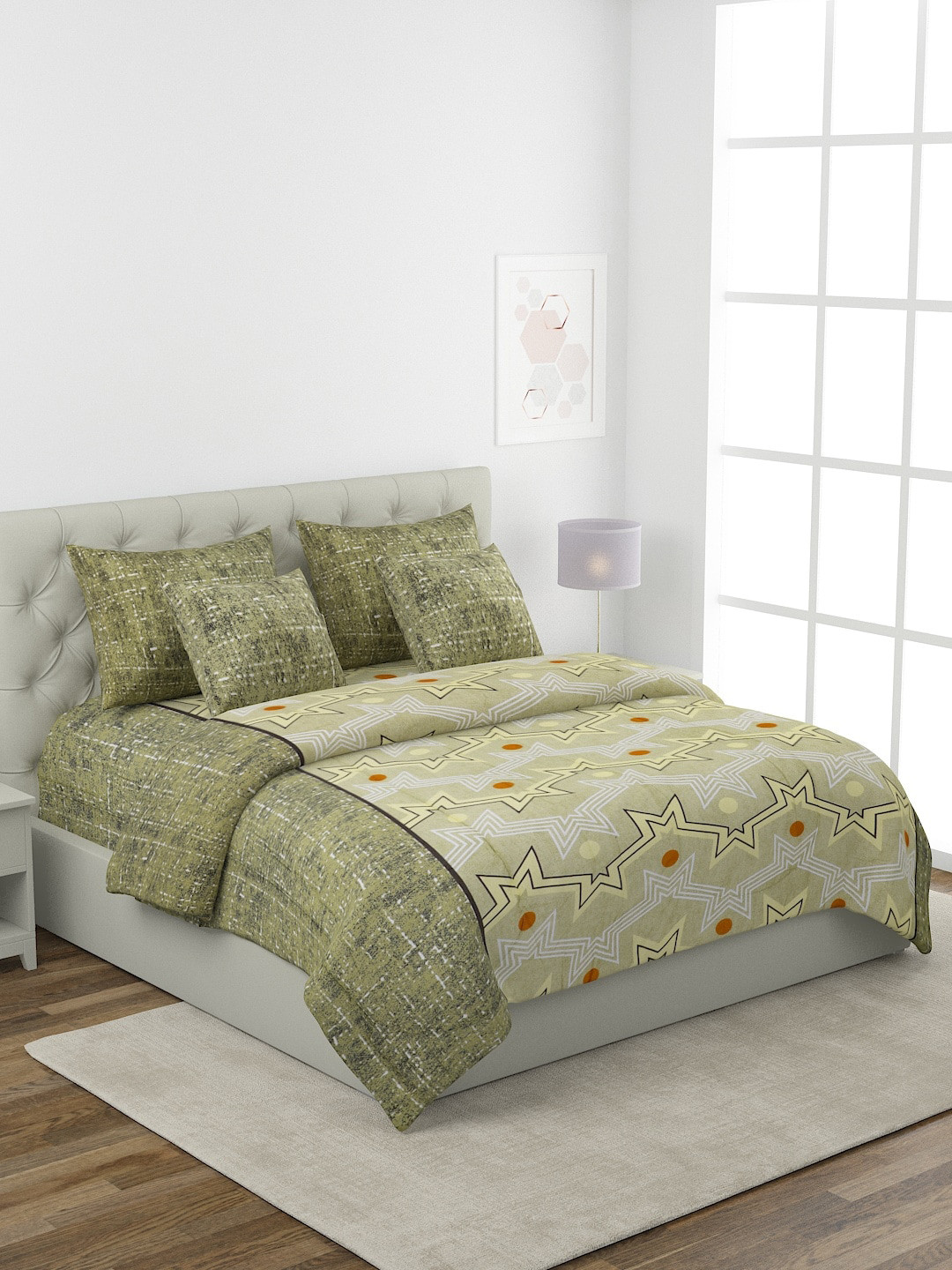 Buy ROMEE Olive Green & Light Yellow Quirky Printed Double King Bedding