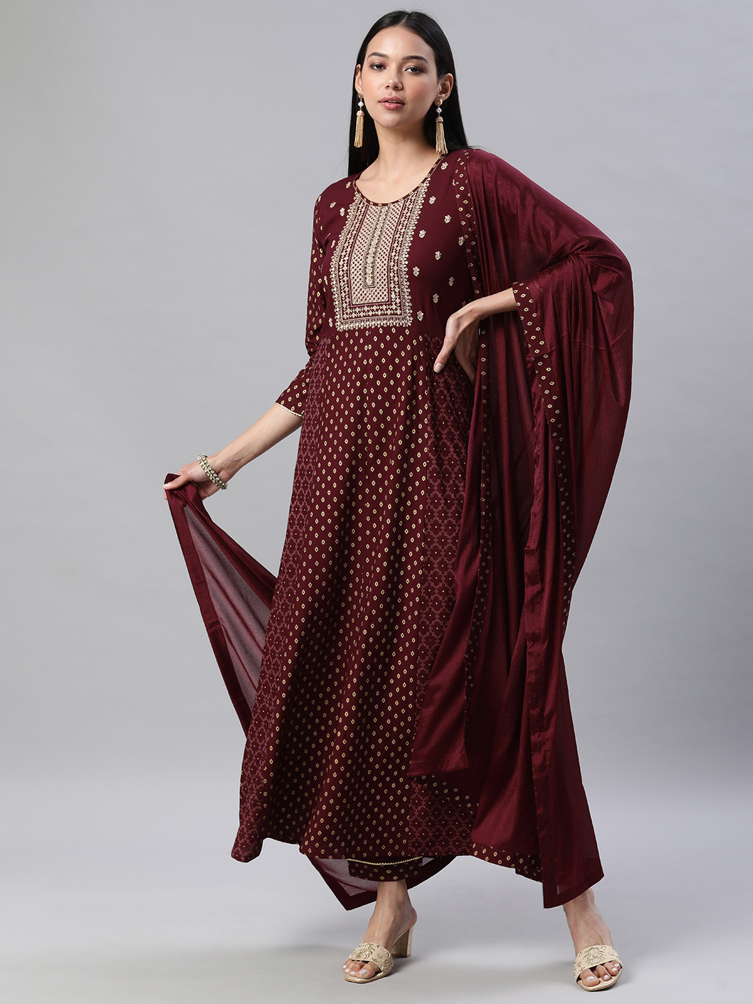 Women's Maroon Sequinned Anarkali Kurta