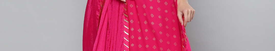 Buy Kvsfab Women Pink Floral Embroidered Gotta Patti Kurta With Skirt ...