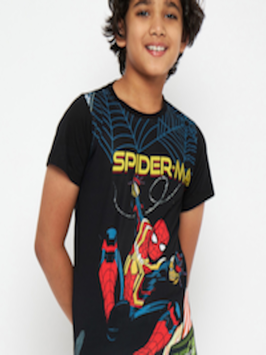 Buy Marvel By Wear Your Mind Boys Black Spiderman Printed Raw Edge T ...