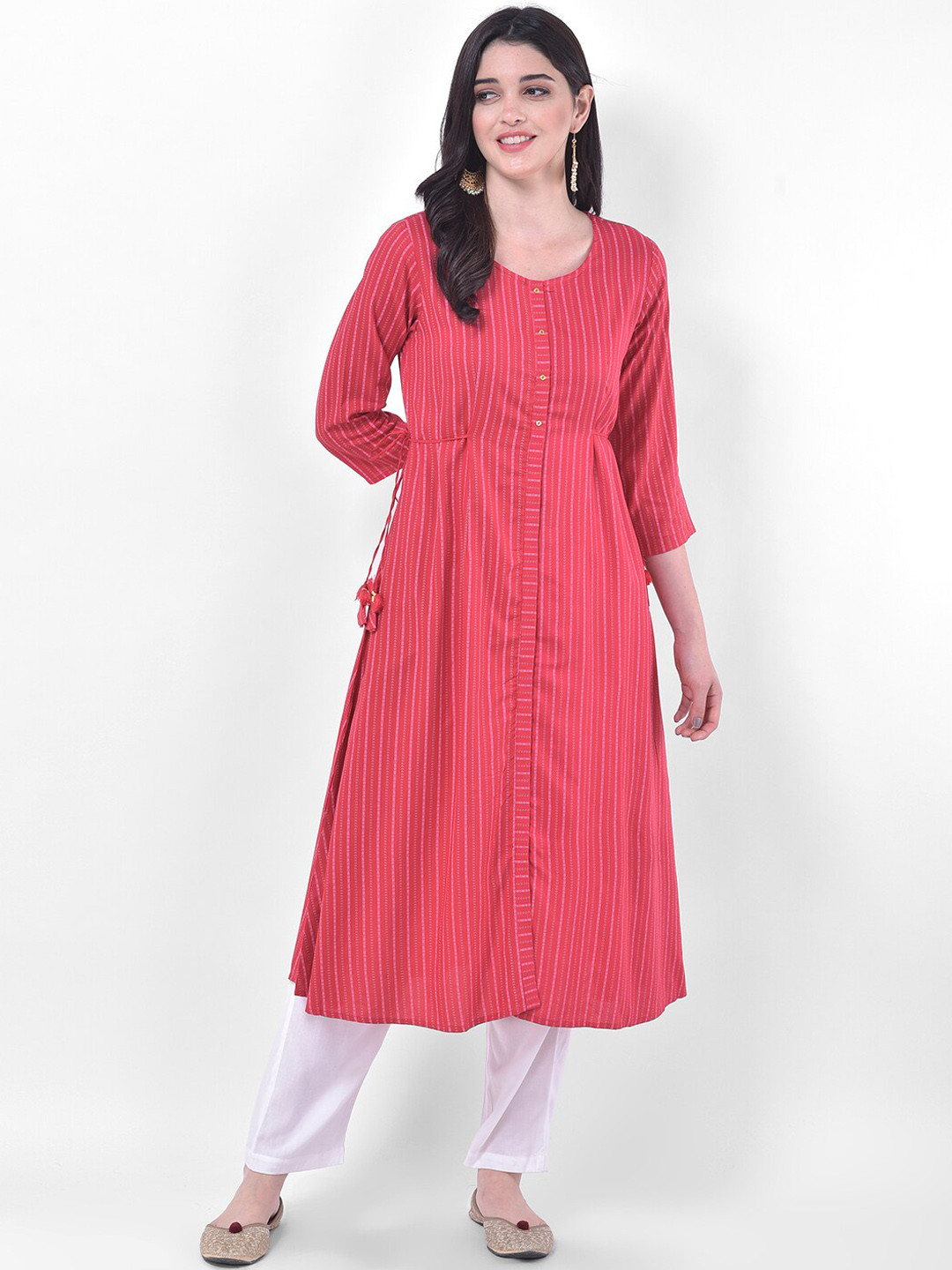 Women's Pink Three-Quarter Sleeves Mirror Work Kurta