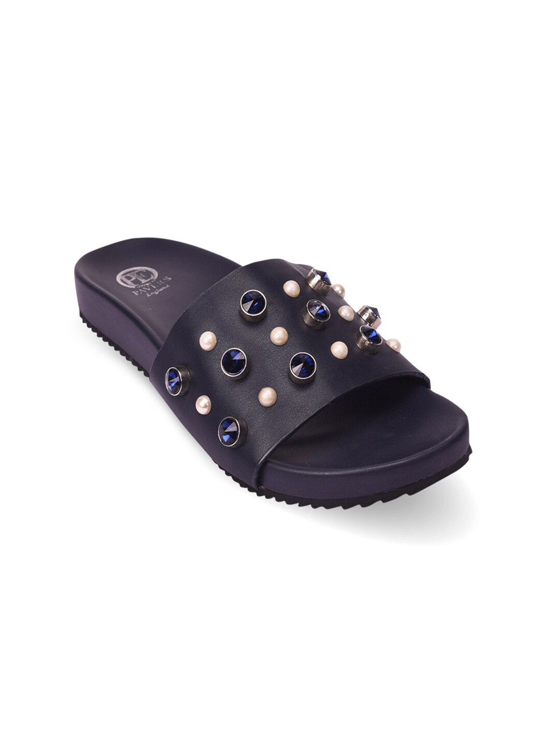 Buy Pavers England Women Navy Blue Embellished Sliders Flip Flops for