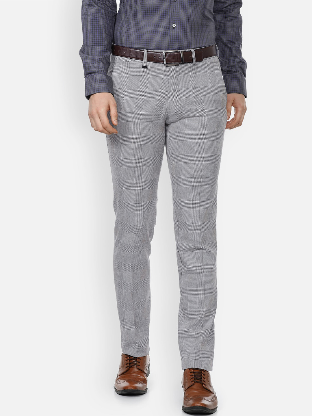 Buy Van Heusen Men Grey Checked Slim Fit Trousers - Trousers for Men ...