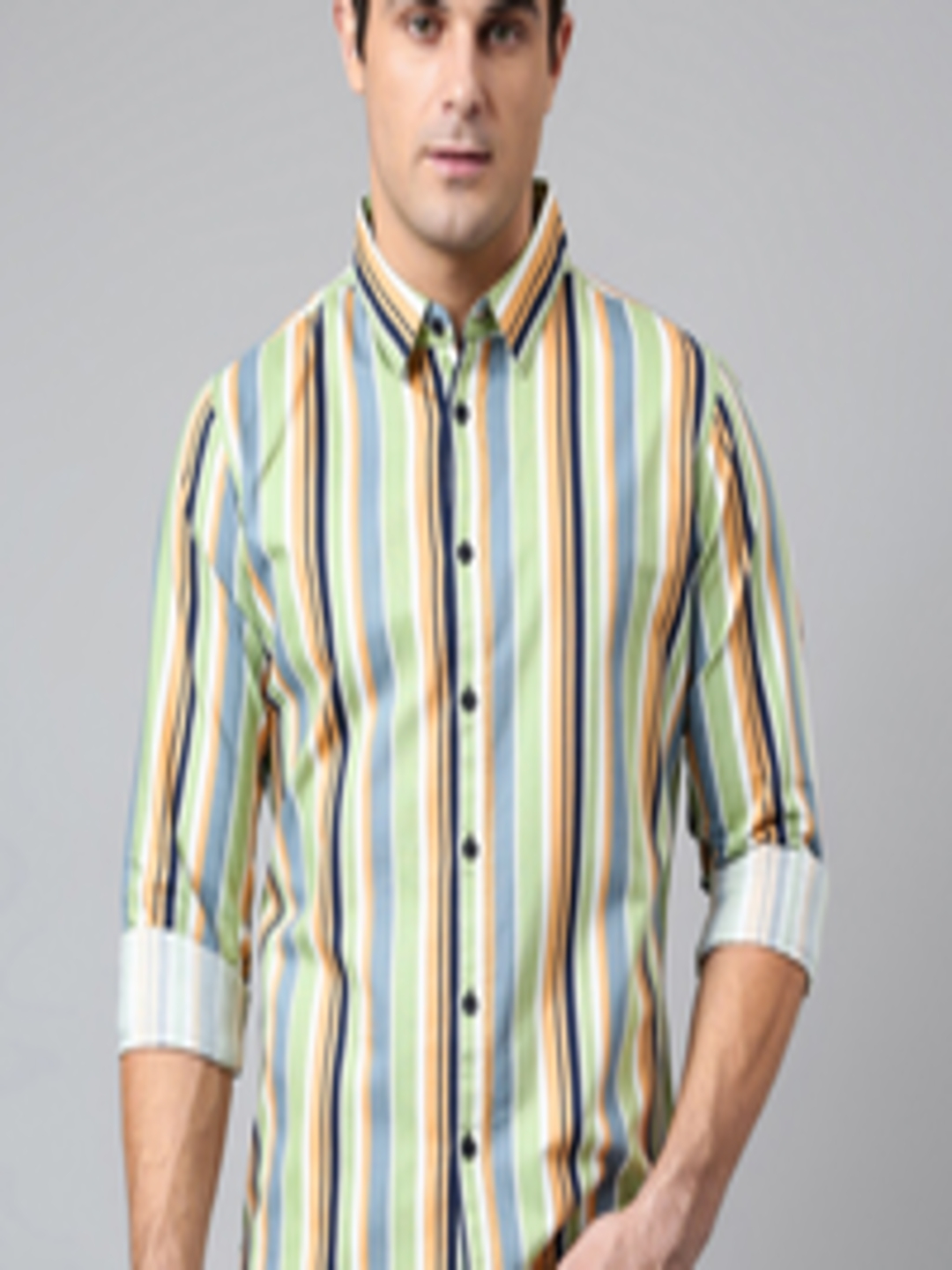 Buy Dennis Lingo Men Green Comfort Slim Fit Striped Casual Shirt ...