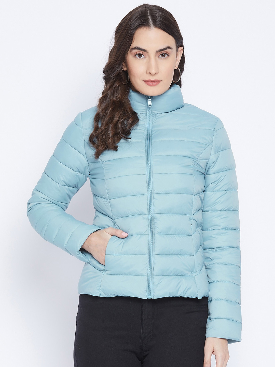 Buy Madame Women Turquoise Blue Lightweight Puffer Jacket Jackets for