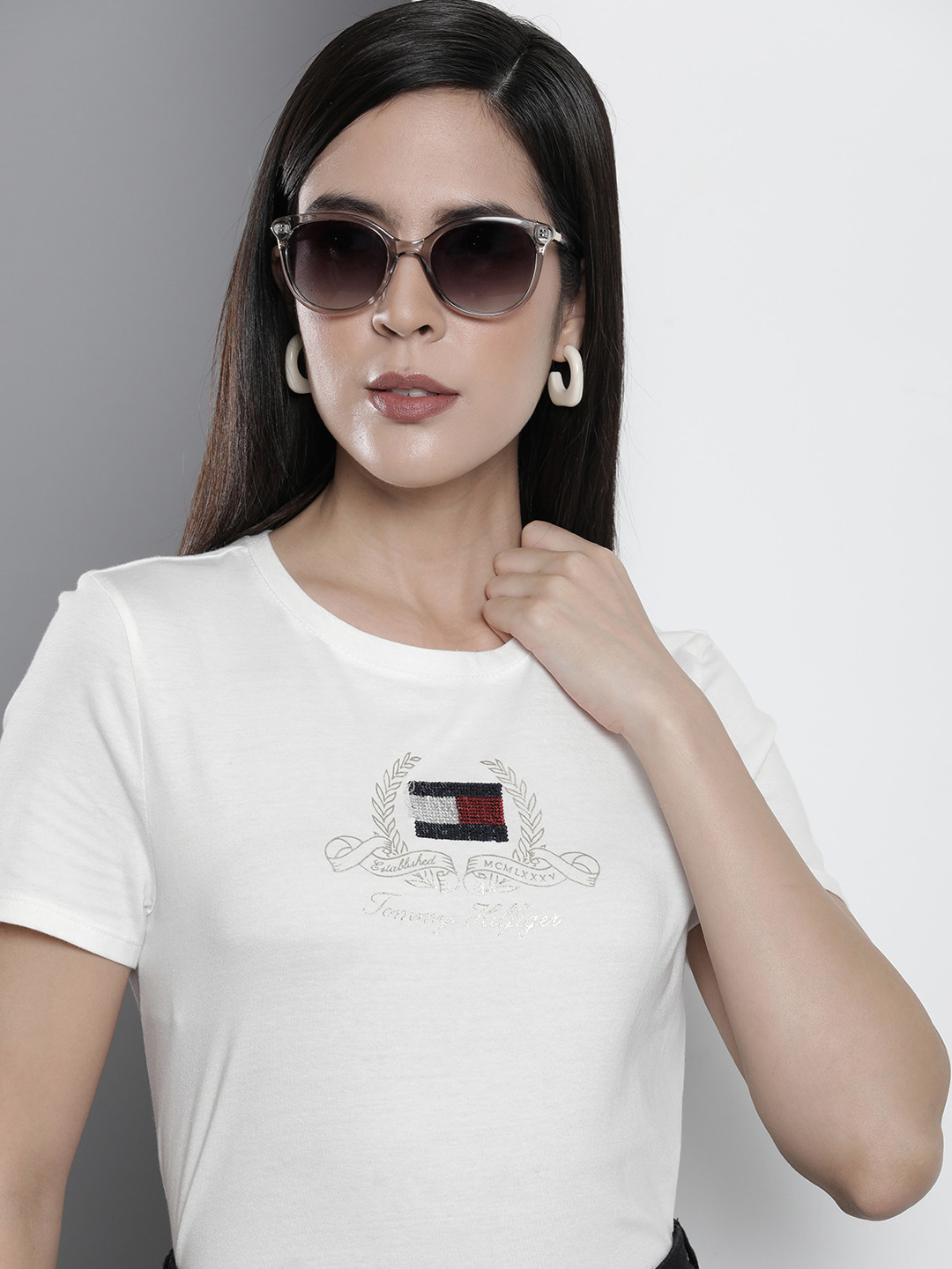 Buy Tommy Hilfiger Brand Logo Sequined Detail Pure Cotton T Shirt