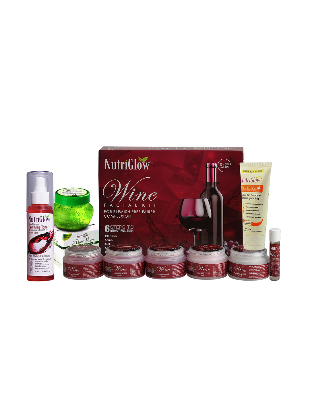 Buy NutriGlow Wine Facial Kit 260g+De Tan Scrub 65ml+Red Wine Toner