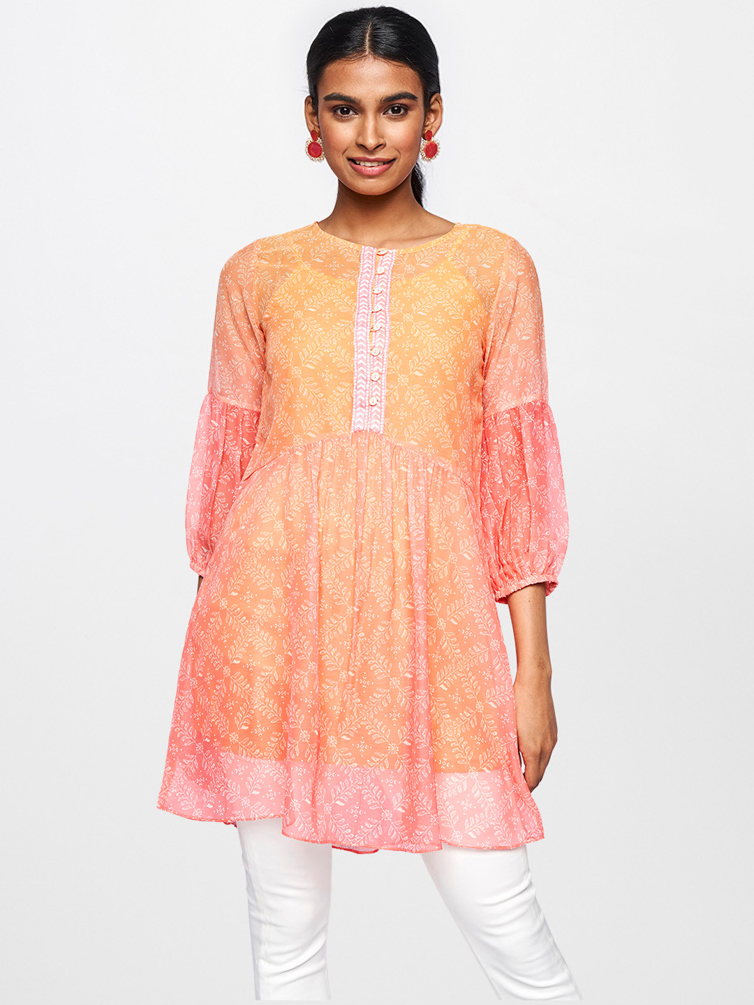 Buy Global Desi Women Orange & Yellow Printed Round Neck Tunic Tunics