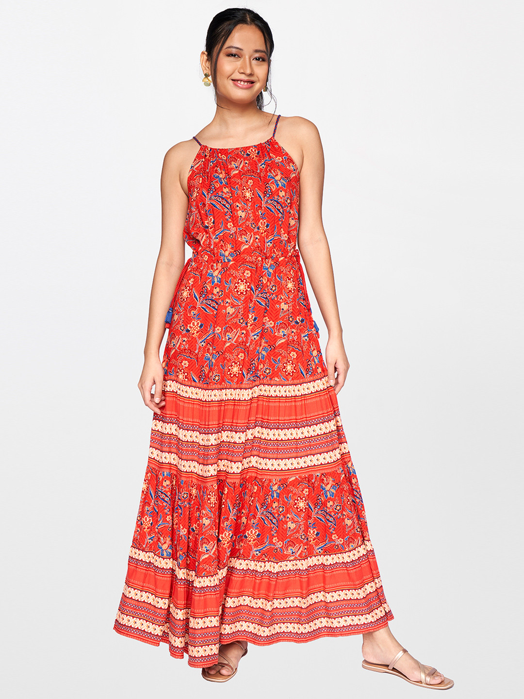 Buy Global Desi Red & Orange Floral A Line Shoulder Strap Maxi Dress
