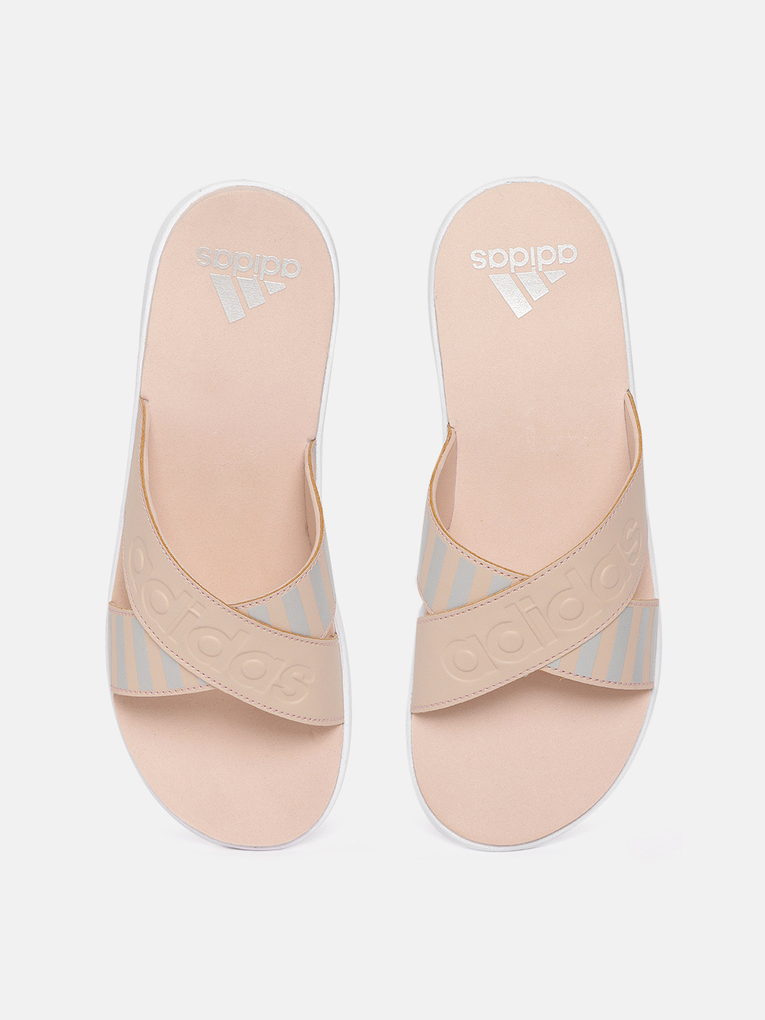 Buy ADIDAS Women Peach Coloured & Silver Toned Distincto Stripe & Brand Logo Textured Slip Ons 