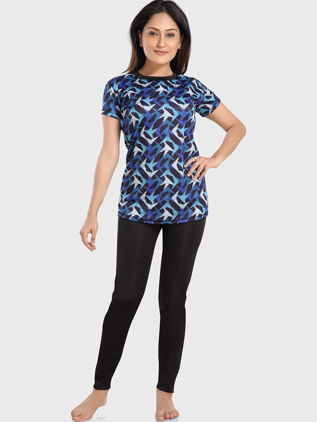 Buy ROVARS Women Blue & Black Printed Swim Set Swimwear for Women