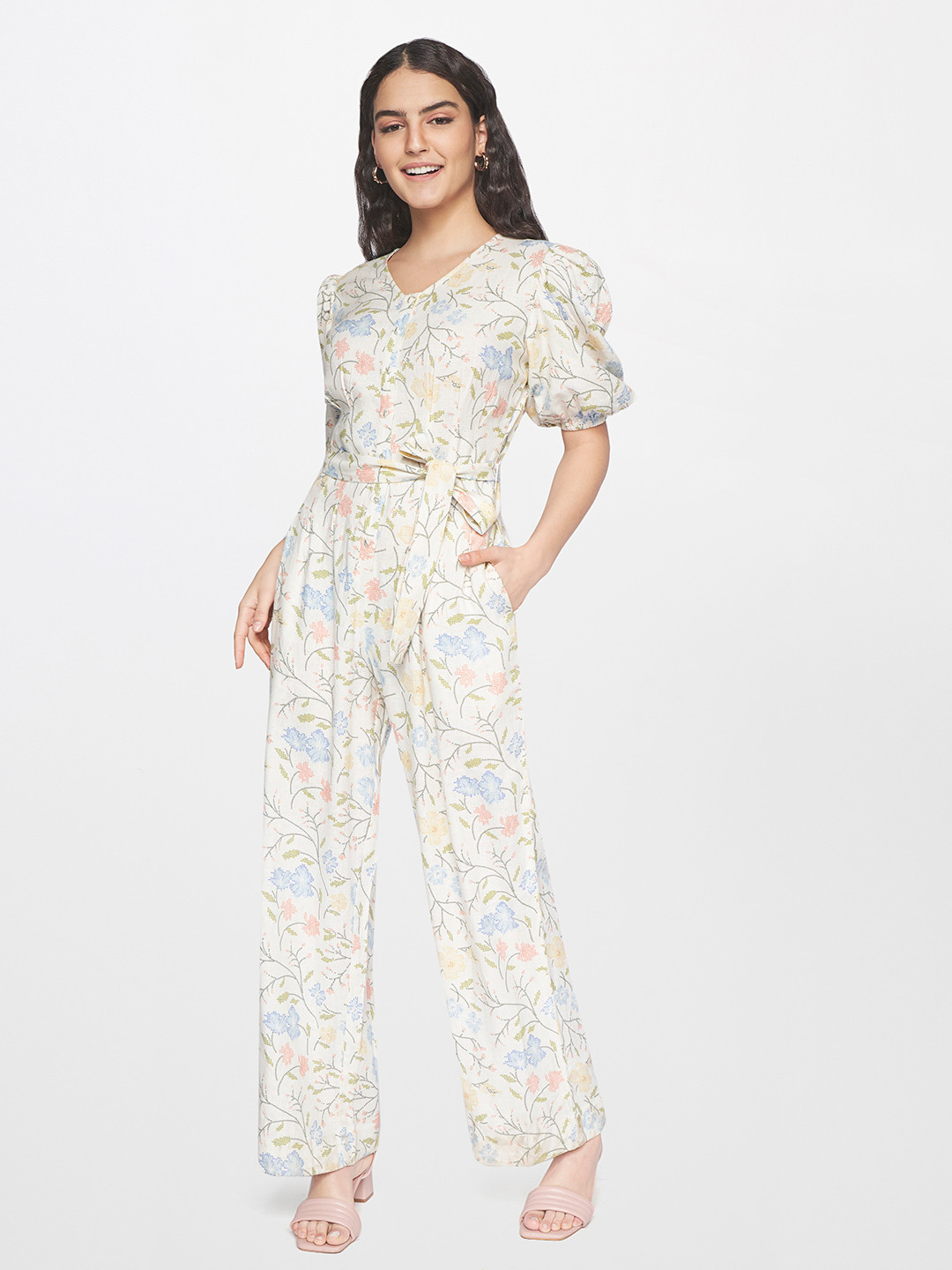 Buy AND White Linen Printed Basic Jumpsuit Jumpsuit for Women