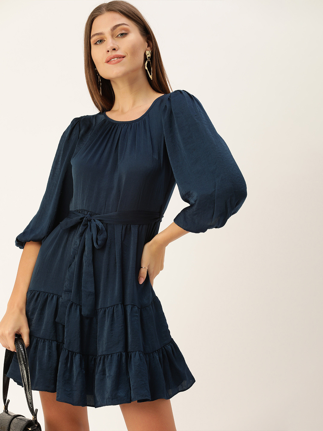 Buy AND Women Navy Blue Solid Tiered A Line Dress With Tie Up Dresses