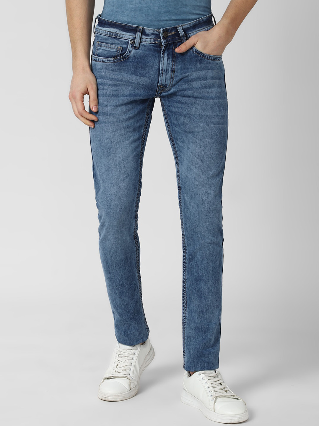 Buy Peter England Casuals Men Blue Slim Fit Heavy Fade Stretchable
