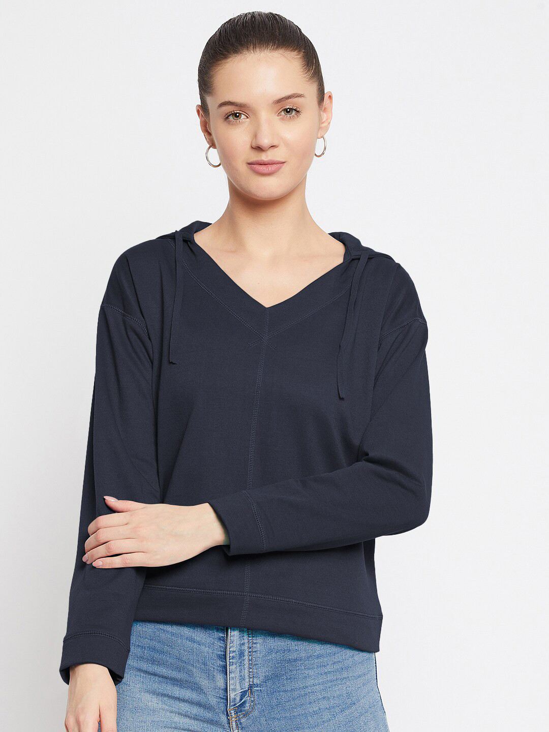 Buy FRENCH FLEXIOUS Women Navy Blue Hooded Sweatshirt - Sweatshirts for ...
