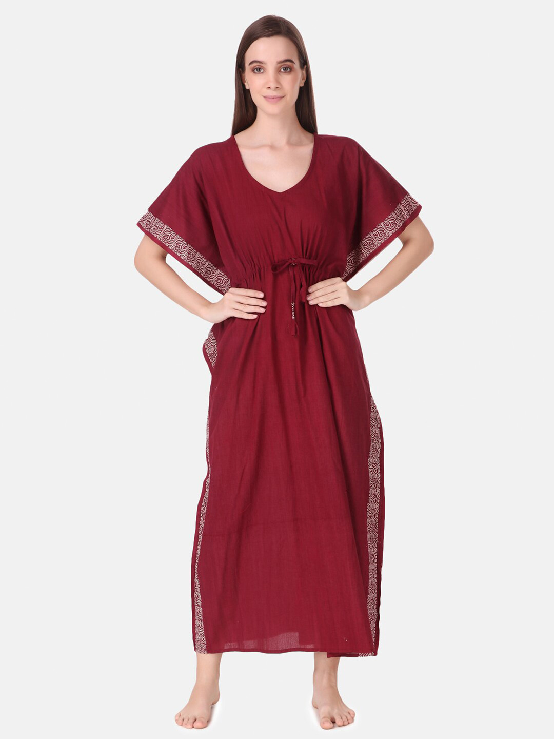 Buy Masha Maroon Pure Cotton Maxi Kaftan Nightdress Nightdress for