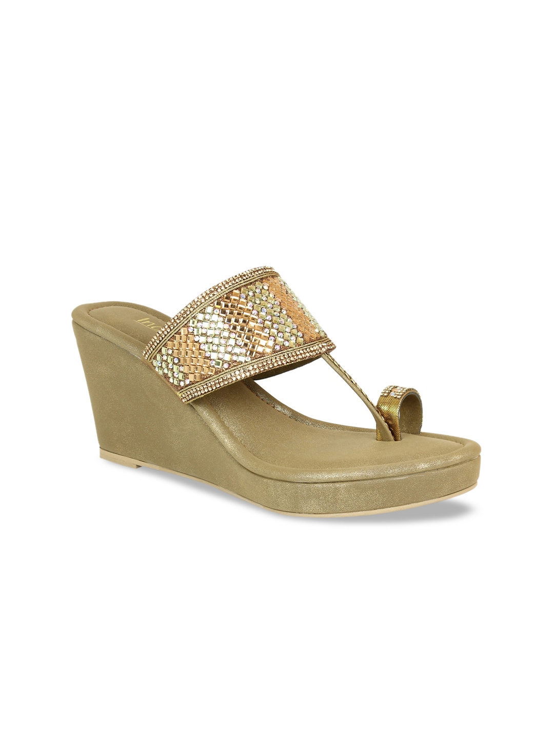 Buy Inc 5 Gold Toned Embellished Ethnic Wedge Sandals - Heels for Women ...