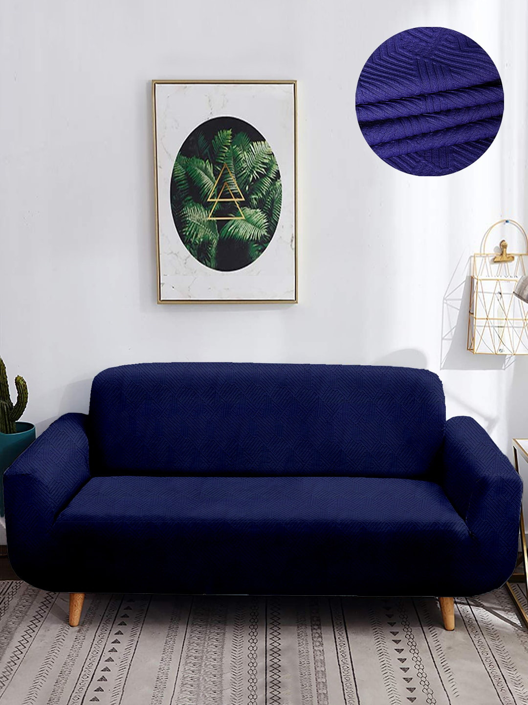 Buy Cortina Navy Blue Printed 3 Seater Stretchable Non Slip Sofa