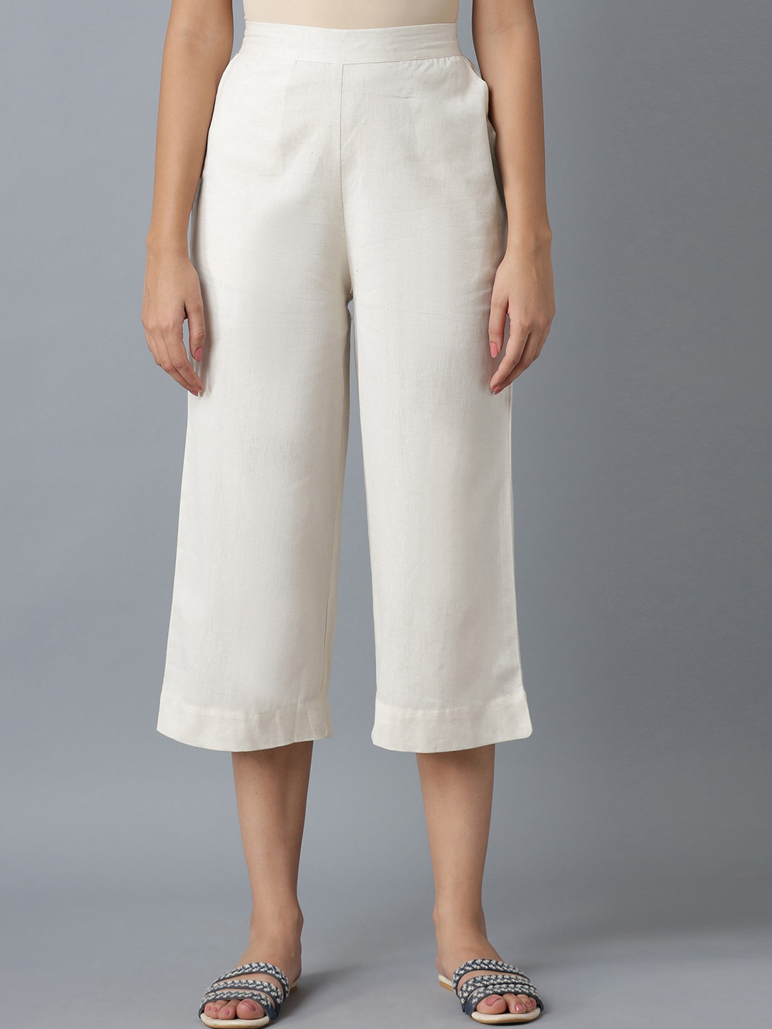 Elleven Women's Navy Blue Solid Flared Cotton Culottes With Elasticated Waist