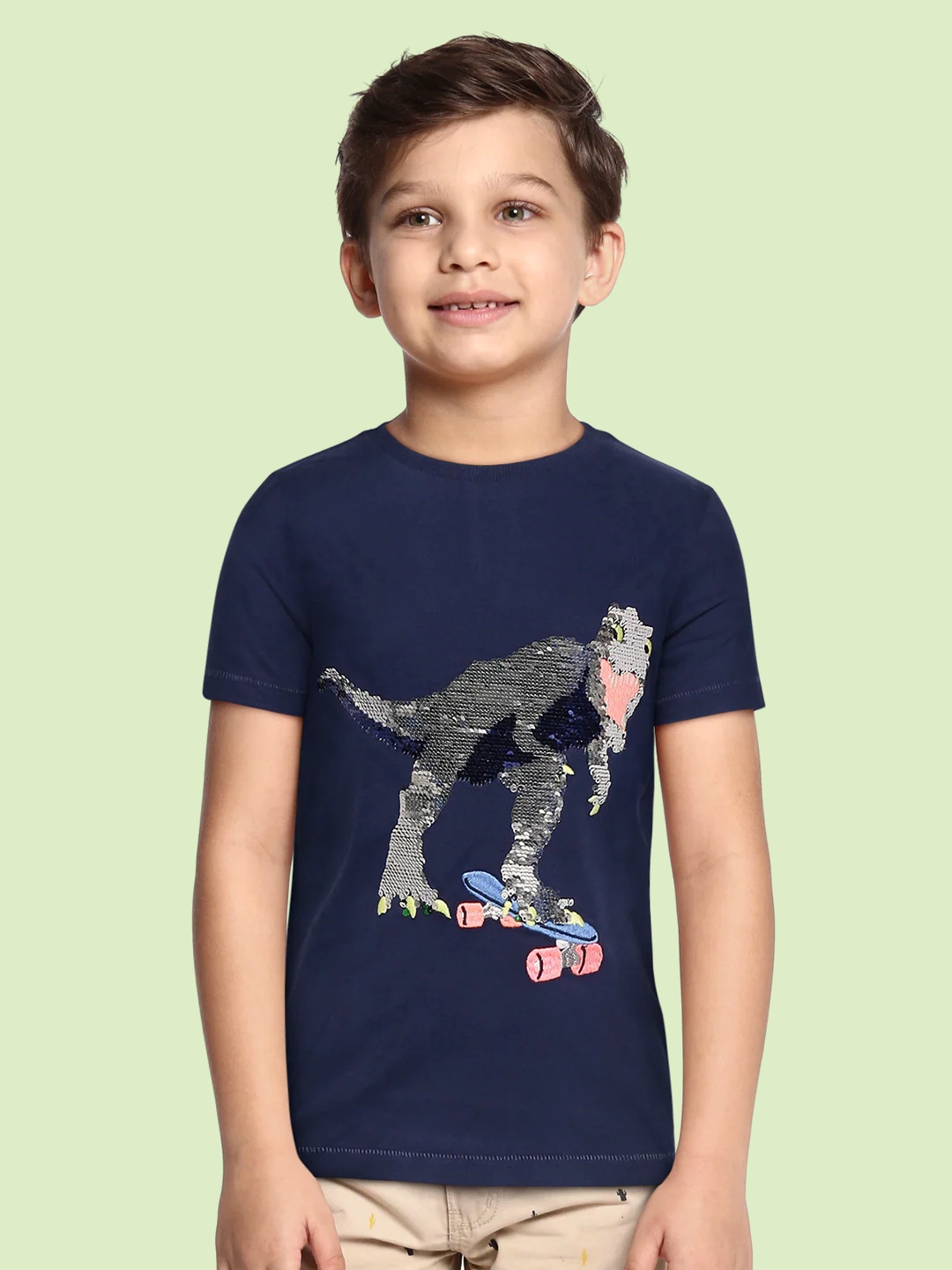 Buy Marks & Spencer Boys Navy Blue & Green Pure Cotton Sequin ...