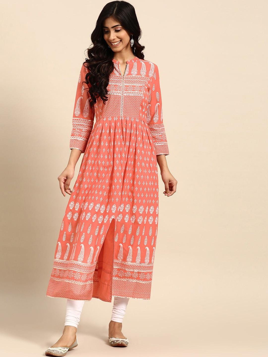 Buy RANGMAYEE Women Coral Pink Ethnic Motifs Printed Cotton Anarkali