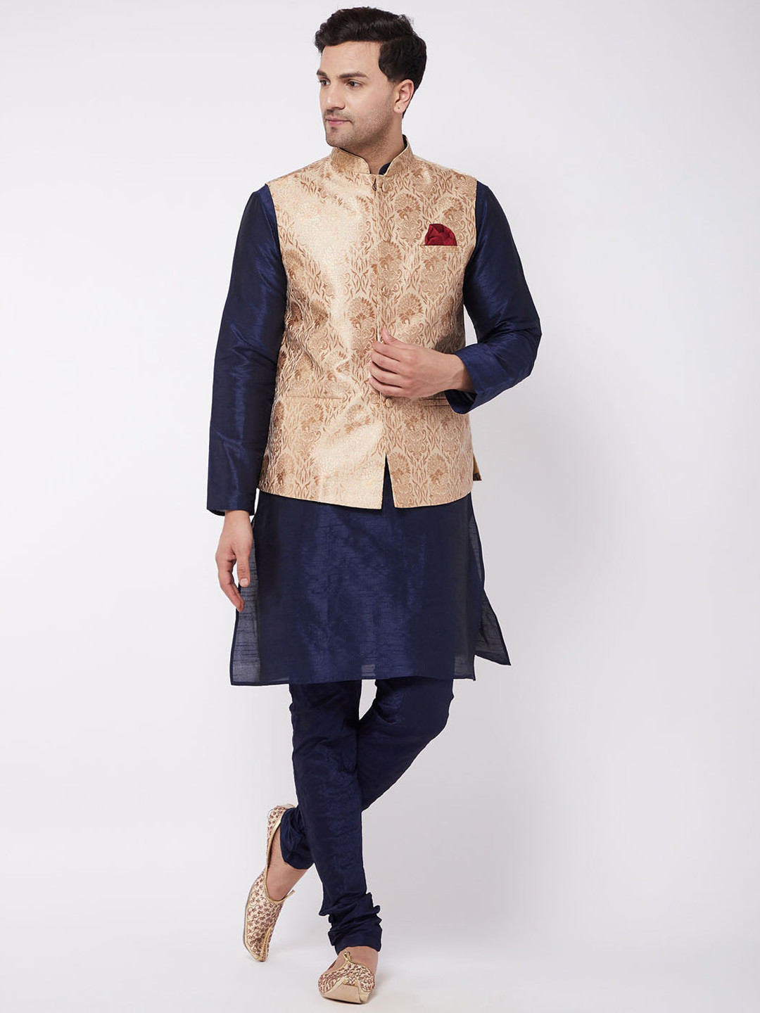 Men's Blue Printed Kurta with Churidar & Nehru Jacket – Silk Blend Set