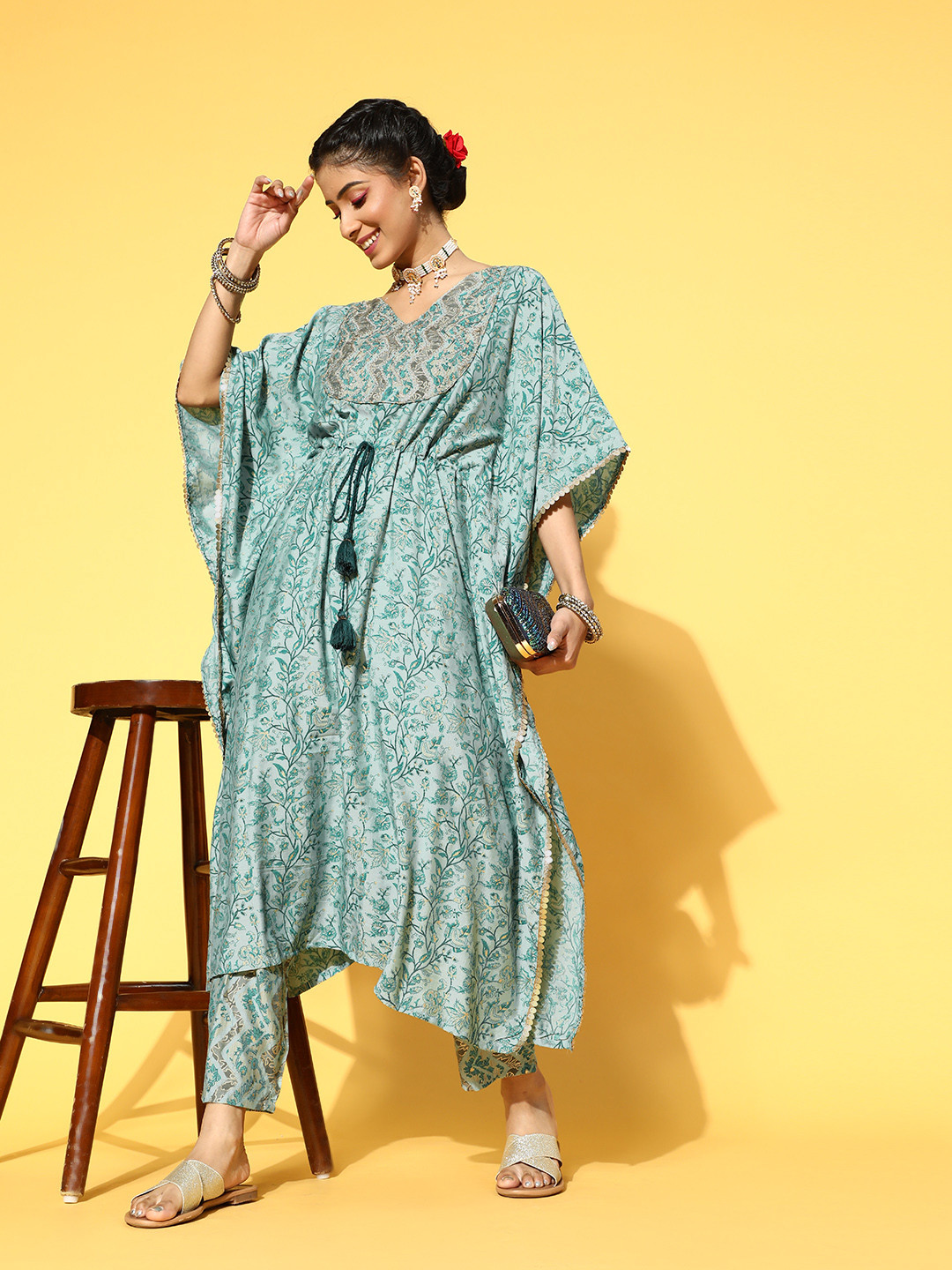 Green Cotton Silk Embroidered Kaftan Kurta with Dhoti Pant Set
