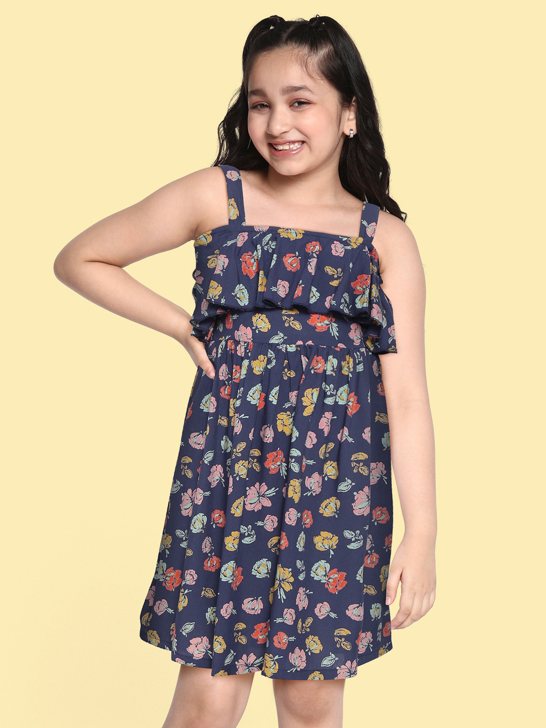 Girls Navy Blue Printed Fit And Flare Dress