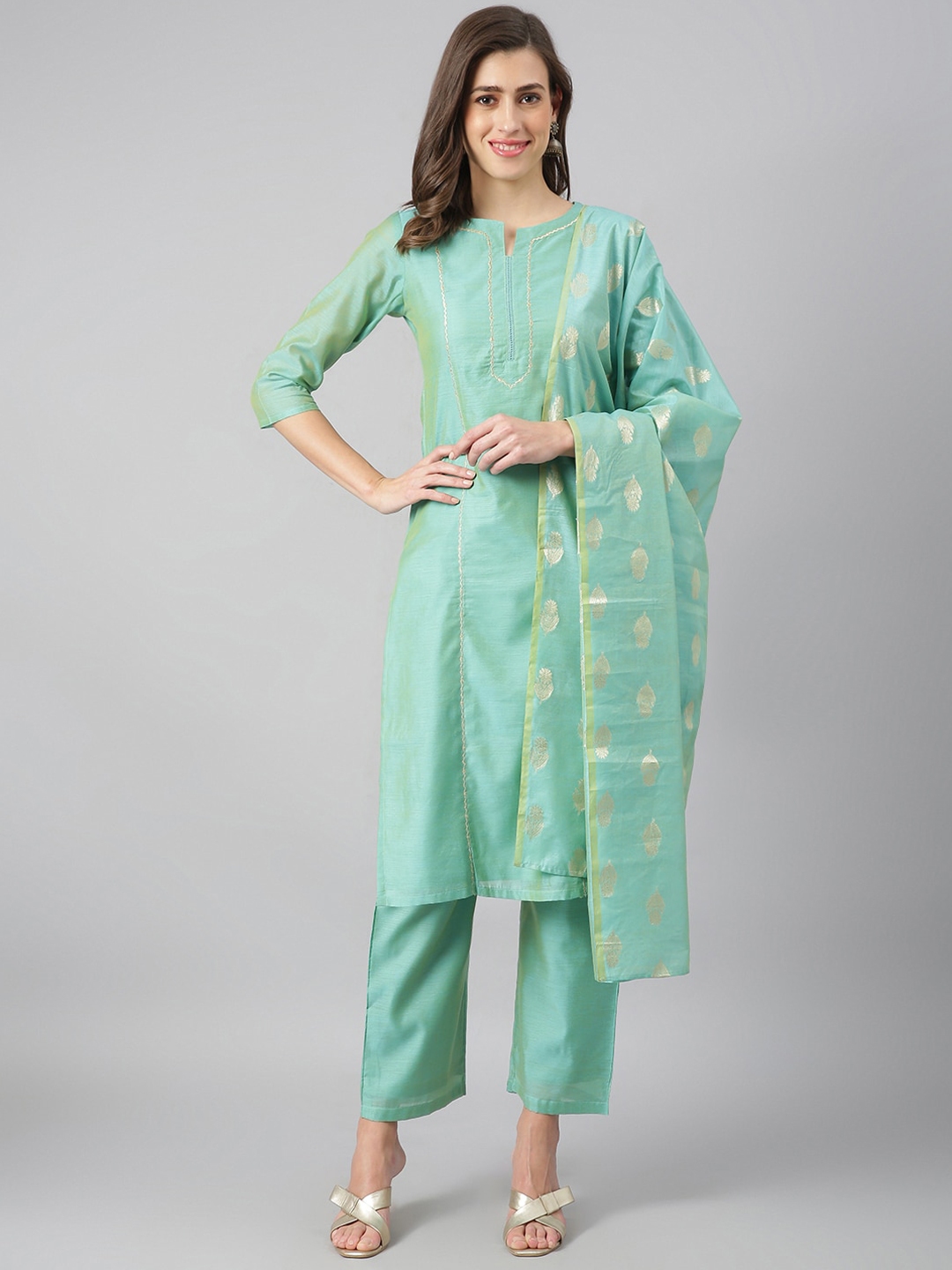 Buy Azira Women Green Chanderi Silk Kurta With Trousers & Dupatta ...