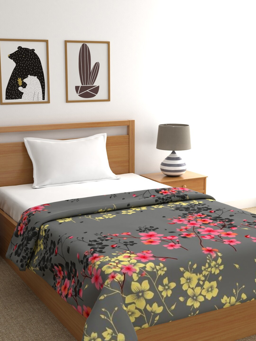 Buy Raymond Home Grey & Magenta Floral Mild Winter 450 GSM Single Bed