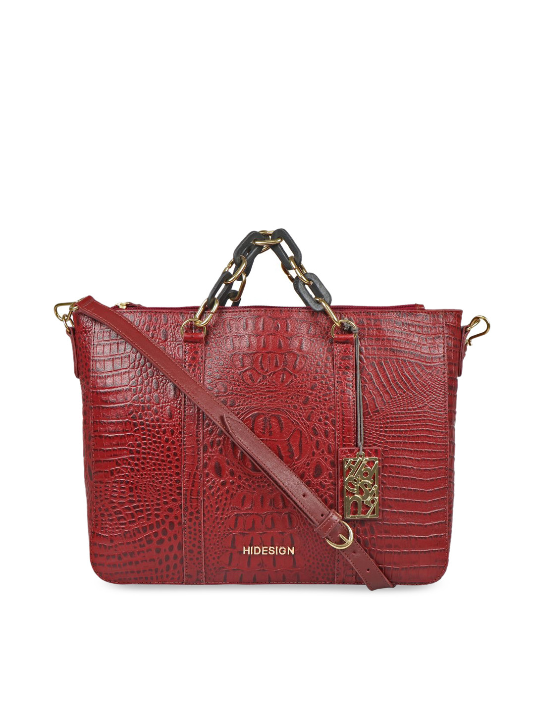 Buy Hidesign Red Textured Leather Structured Handheld Bag With Cut Work