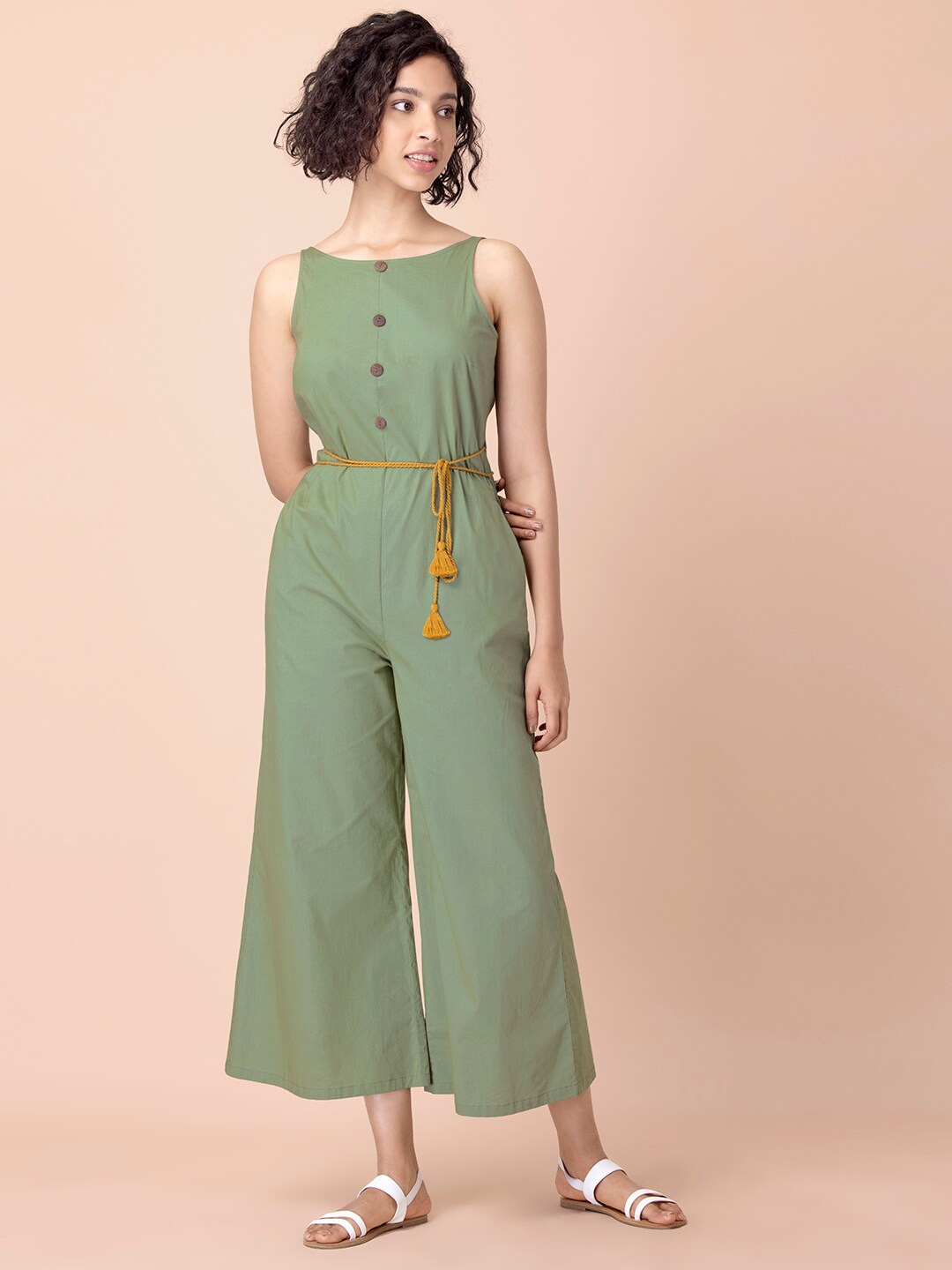 Buy Indya Women Green Solid Pure Cotton Belted Jumpsuit Jumpsuit For