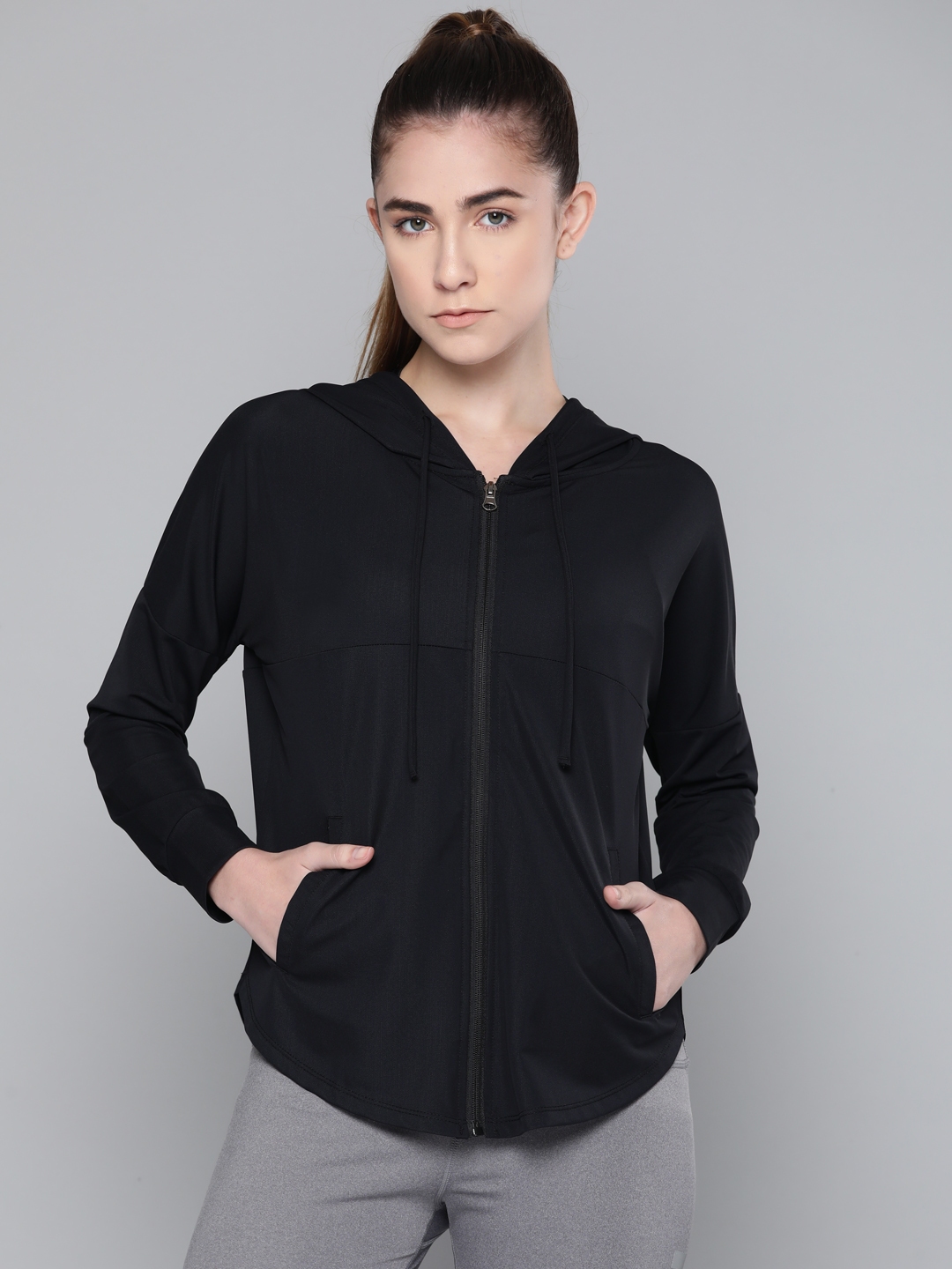 Buy Fitkin Women Black Solid Lightweight Hooded Training Jacket ...