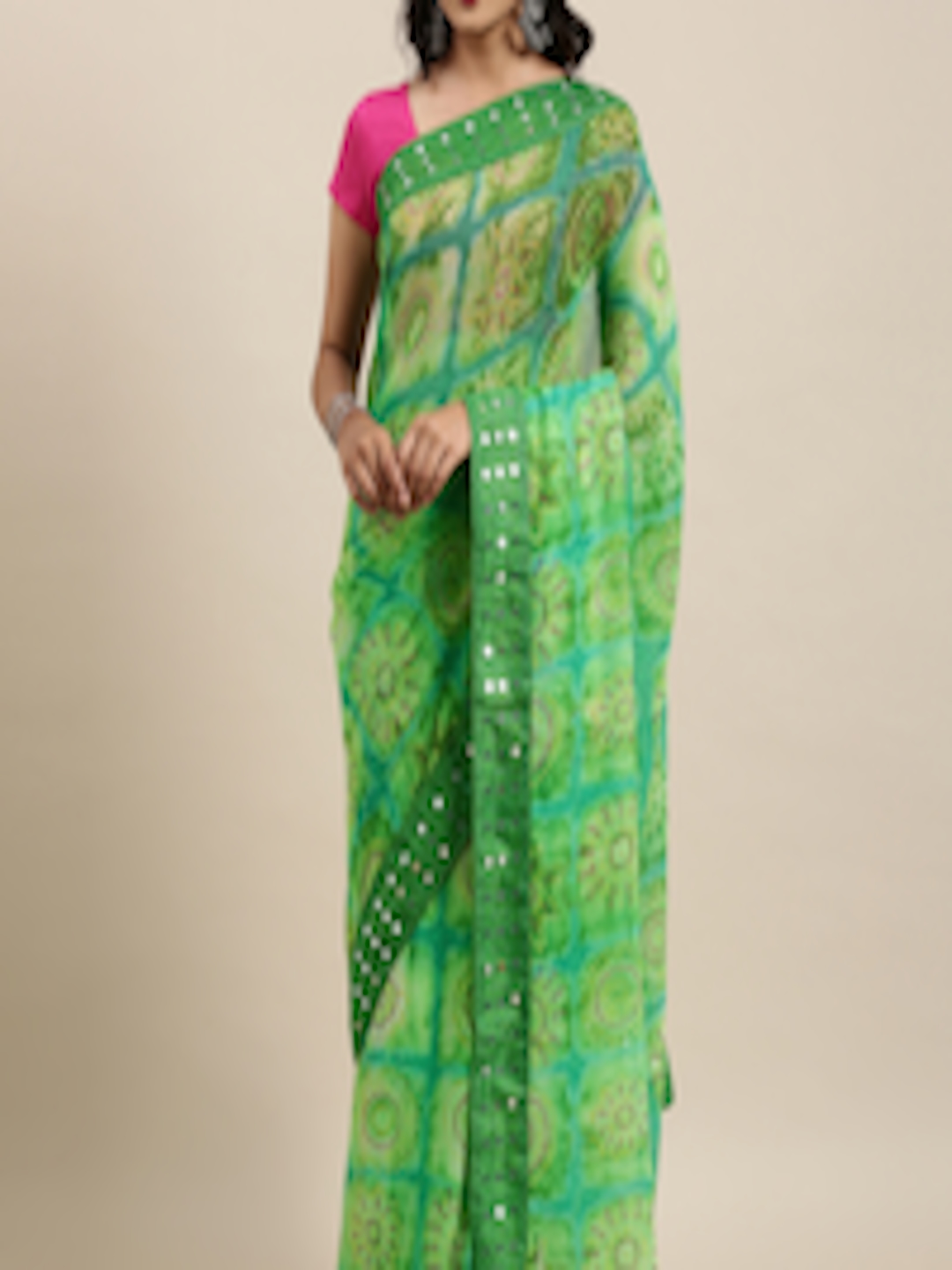 Buy Mitera Green Bandhani Mirror Work Bandhani Saree - Sarees for Women ...