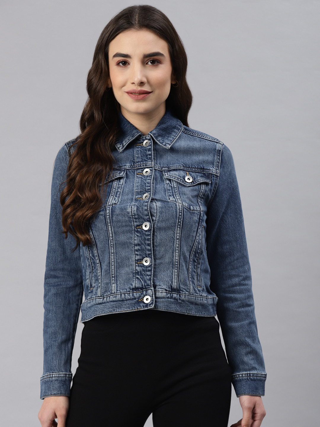 Buy Marks & Spencer Women Blue Crop Denim Jacket Jackets for Women