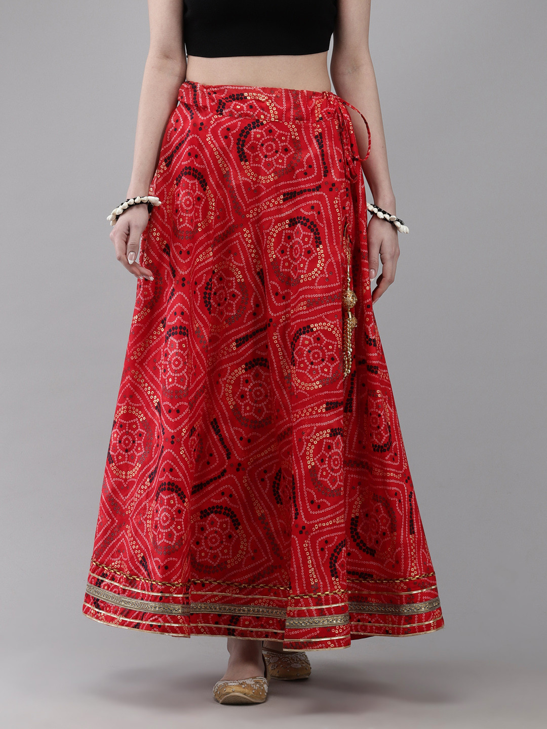 Buy Ishin Women's Silk Blend Red Bandhani Print Embellished Flared Maxi