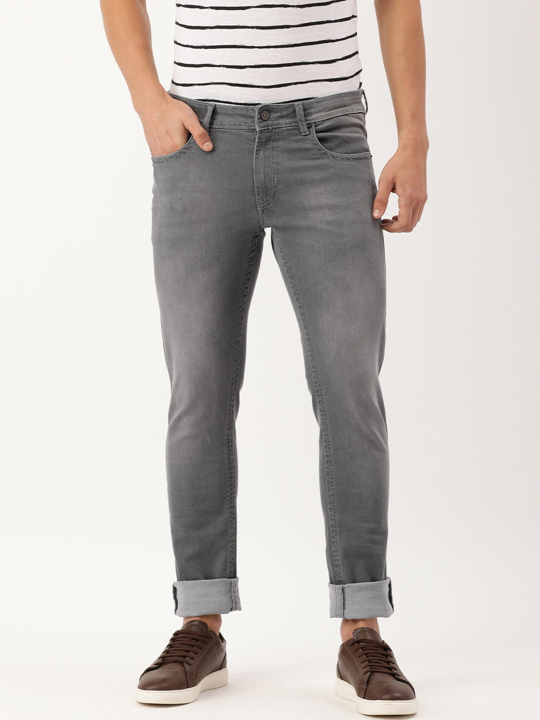 Buy Peter England Casuals Men Grey Skinny Fit Light Fade Stretchable