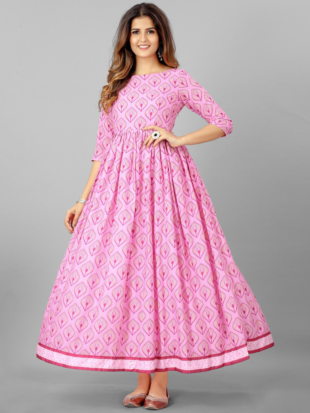 Pink & Golden Ethnic Motifs Printed Anarkali Kurti