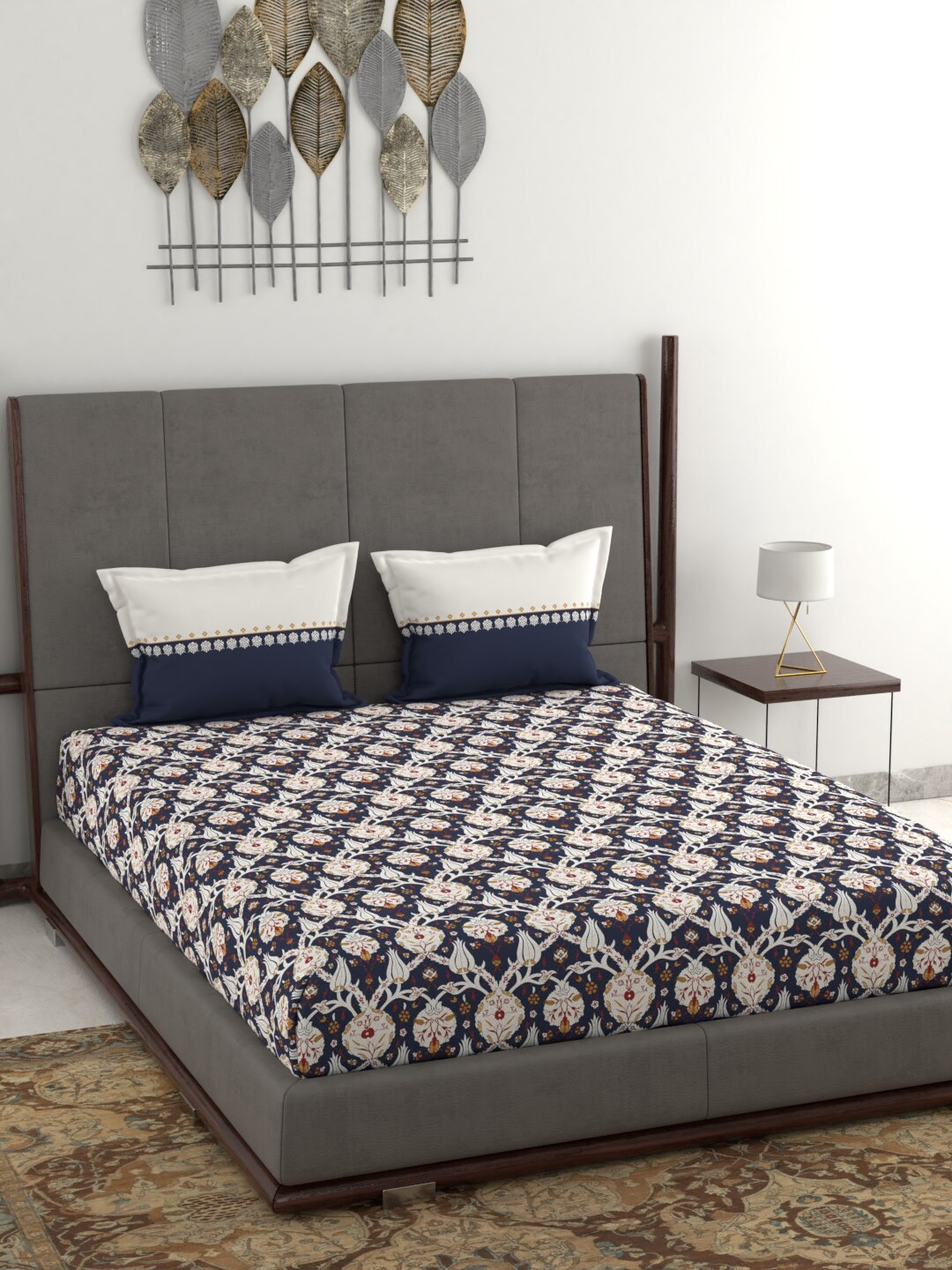 Buy Trident Navy Blue & White Floral Printed Cotton 120 TC Queen