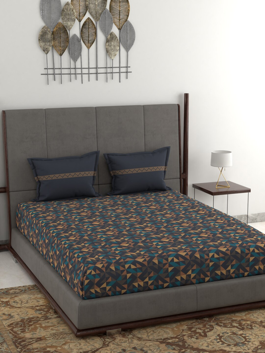 Buy Trident Multicoloured Geometric 120 TC Queen Bedsheet With 2 Pillow