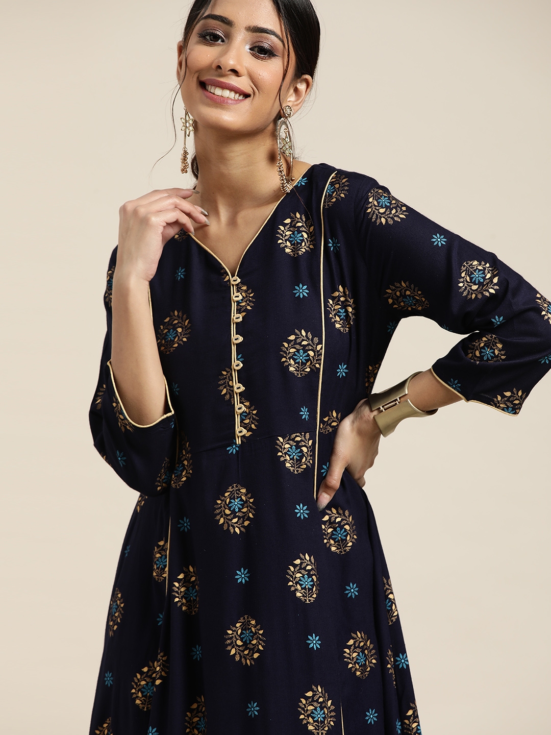 Buy Sangria Navy Blue And Gold Toned Floral Print A Line Midi Dress Dresses For Women 16631414 2720